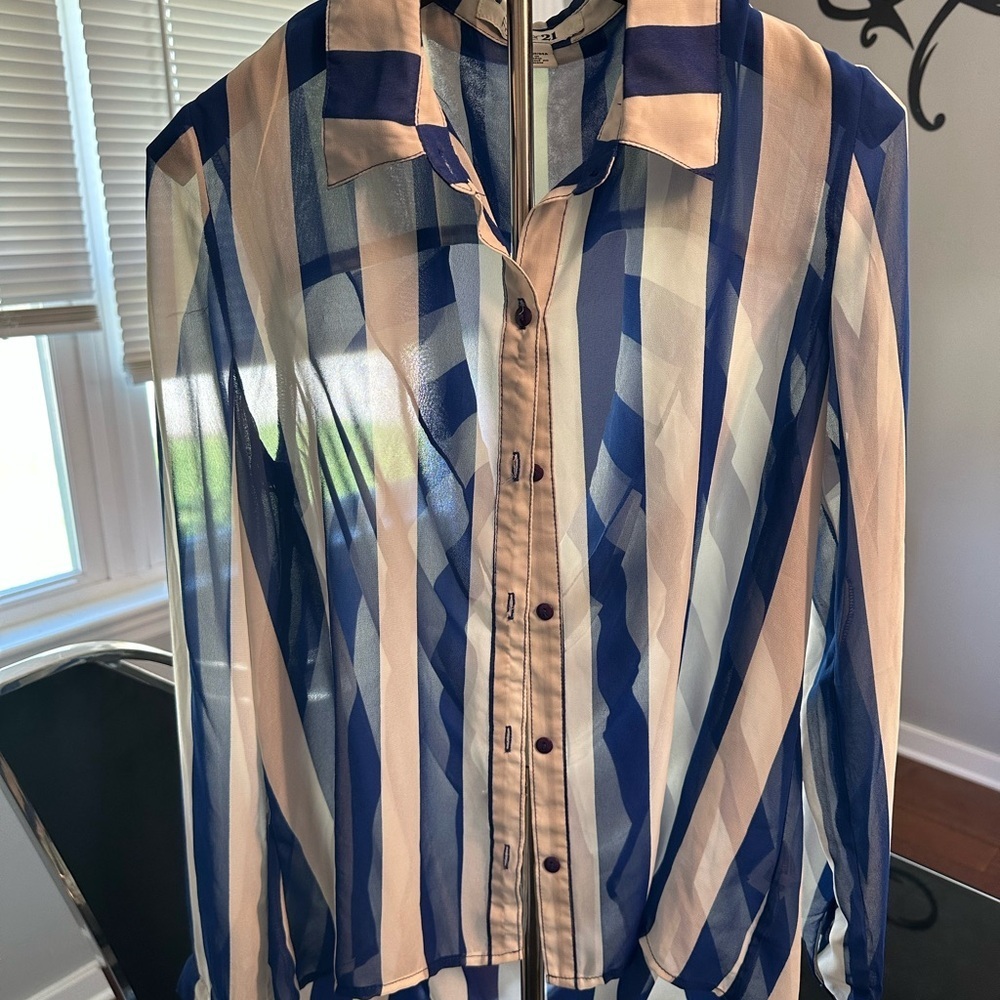 Striped Sheer Button-Up Blouse - Picture 2 of 4
